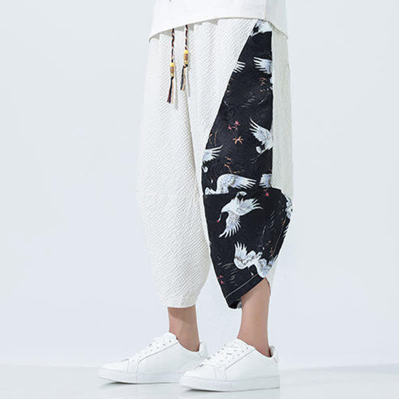 Buddha Stones Pantaloni harem da uomo estivi con coulisse, nappine e stampa gru - Image 29