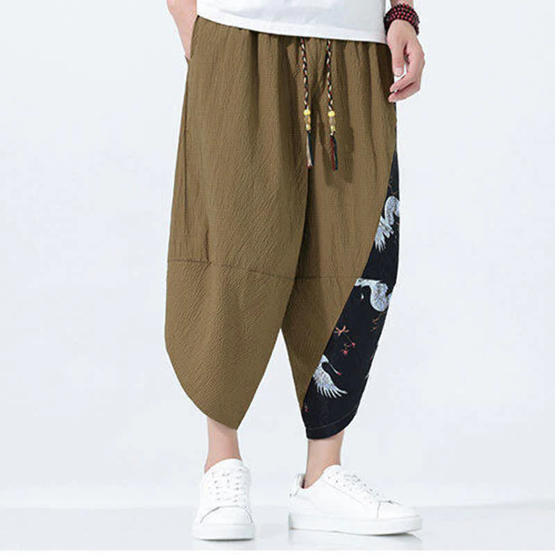 Buddha Stones Pantaloni harem da uomo estivi con coulisse, nappine e stampa gru - Image 3