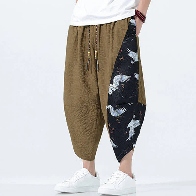 Buddha Stones Pantaloni harem da uomo estivi con coulisse, nappine e stampa gru - Image 4