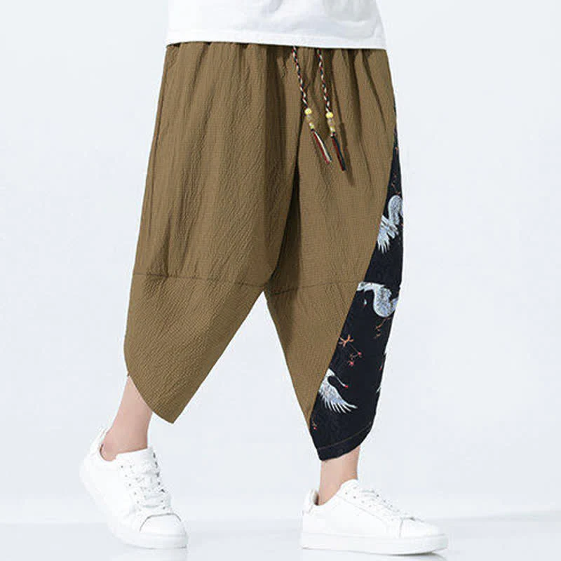 Buddha Stones Pantaloni harem da uomo estivi con coulisse, nappine e stampa gru - Image 7