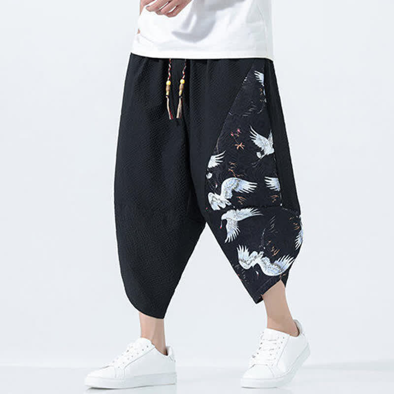 Buddha Stones Pantaloni harem da uomo estivi con coulisse, nappine e stampa gru - Image 9