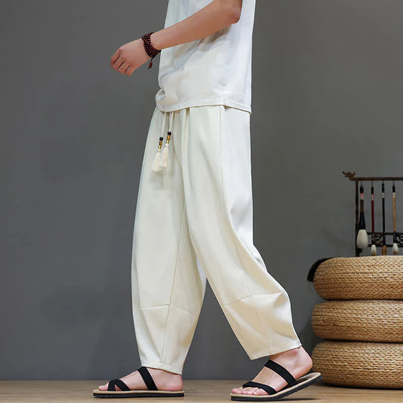 Buddha Stones Pantaloni harem da uomo estivi in tinta unita con coulisse e vita elasticizzata, con tasche. - Image 16