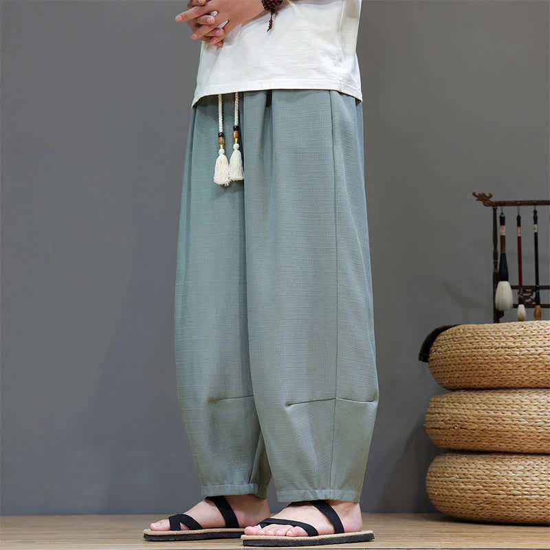 Buddha Stones Pantaloni harem da uomo estivi in tinta unita con coulisse e vita elasticizzata, con tasche. - Image 3