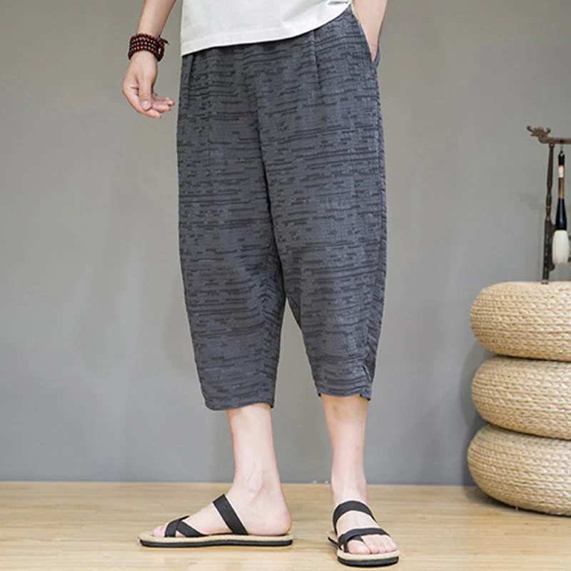 Buddha Stones Pantaloni harem da uomo estivi minimalisti a tre quarti con spacchi laterali e tasche. - Image 3