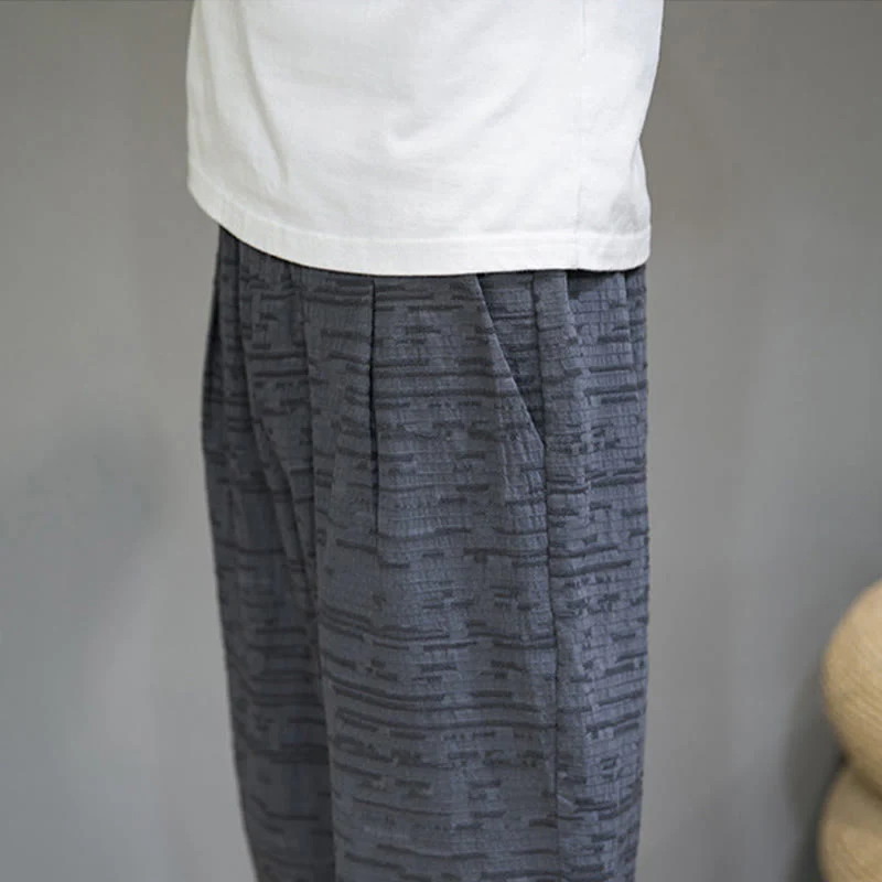 Buddha Stones Pantaloni harem da uomo estivi minimalisti a tre quarti con spacchi laterali e tasche. - Image 9