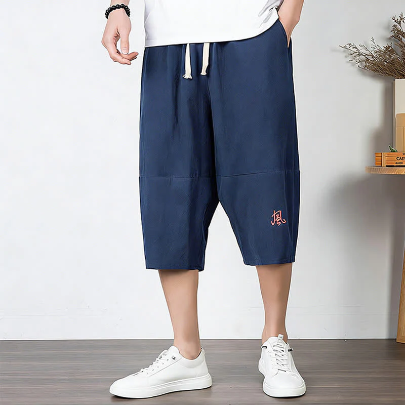 Buddha Stones Pantaloni harem da uomo in cotone e lino, lunghezza capri, con coulisse e tasche. - Image 17