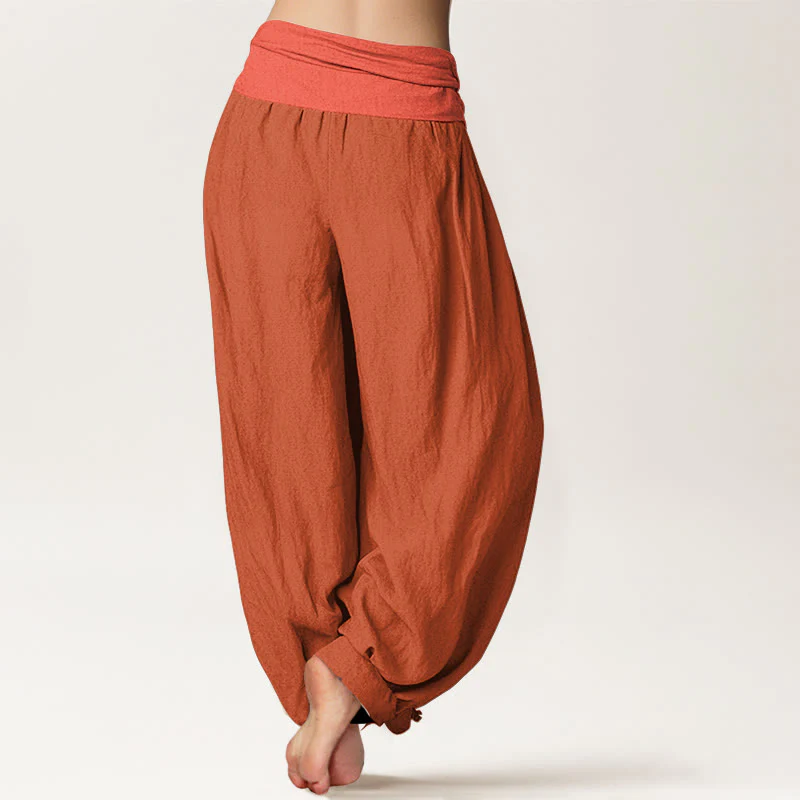 Buddha Stones Pantaloni harem elasticizzati in puro cotone da donna color rosso arancione - Image 2