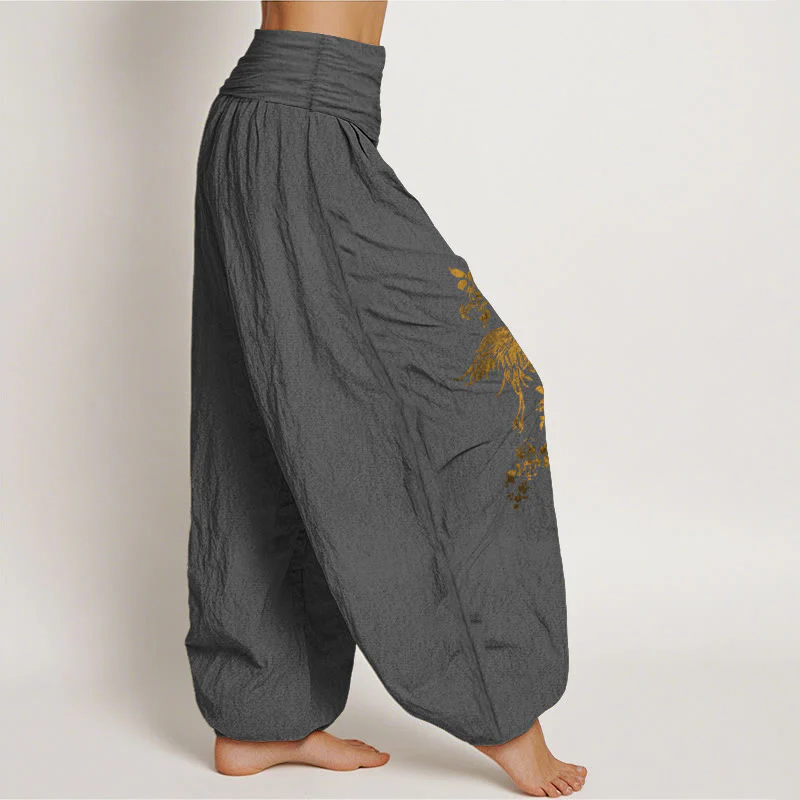 Buddha Stones Pantaloni harem in cotone con elastico in vita e motivo floreale a foglie di gru da donna - Image 11