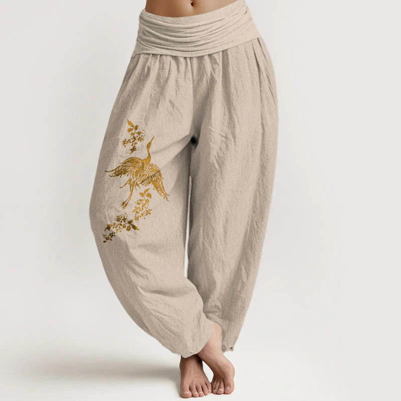 Buddha Stones Pantaloni harem in cotone con elastico in vita e motivo floreale a foglie di gru da donna - Image 12