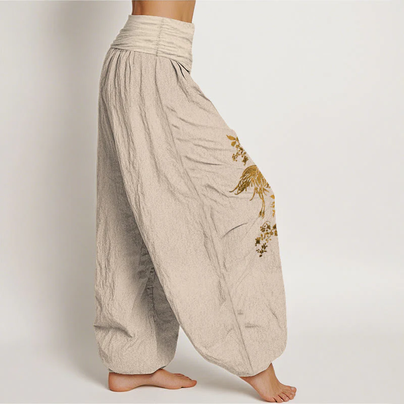Buddha Stones Pantaloni harem in cotone con elastico in vita e motivo floreale a foglie di gru da donna - Image 14