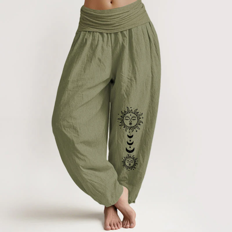 Buddha Stones Pantaloni harem in puro cotone con elastico in vita e motivo sole-luna bohémien da donna - Image 15