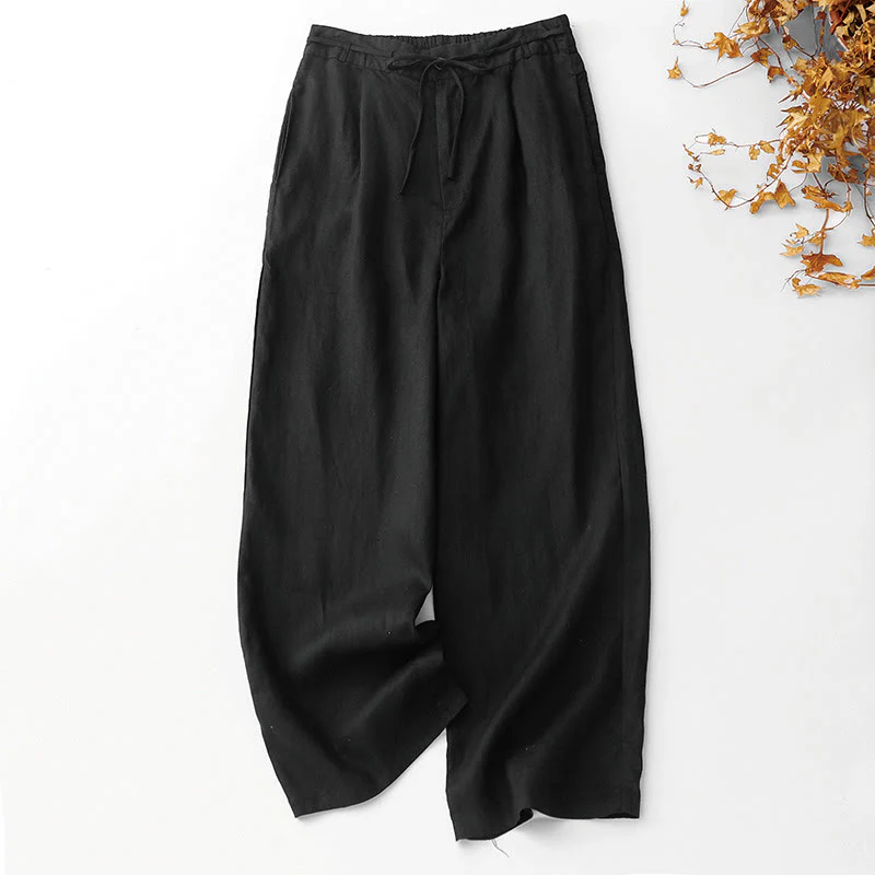 Buddha Stones Pantaloni larghi da donna in cotone e lino, con coulisse, lunghezza alla caviglia, tinta unita, estivi, con tasche e cerniera - Image 8