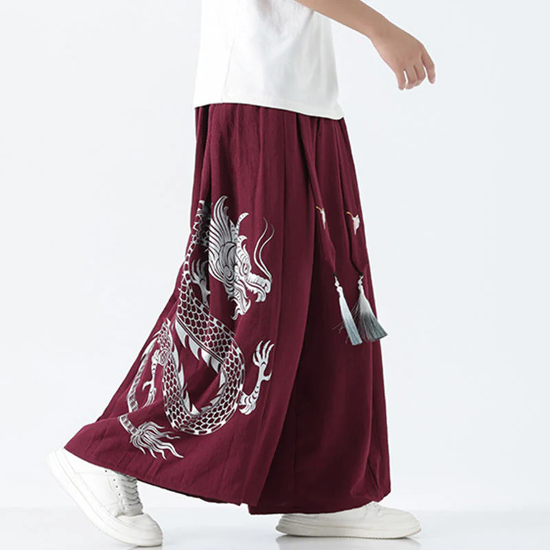 Buddha Stones Pantaloni larghi da uomo in cotone con coulisse, alla caviglia, con tasche e motivo a drago estivo - Image 21