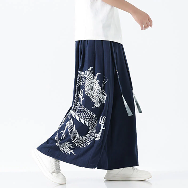 Buddha Stones Pantaloni larghi da uomo in cotone con coulisse, alla caviglia, con tasche e motivo a drago estivo - Image 3