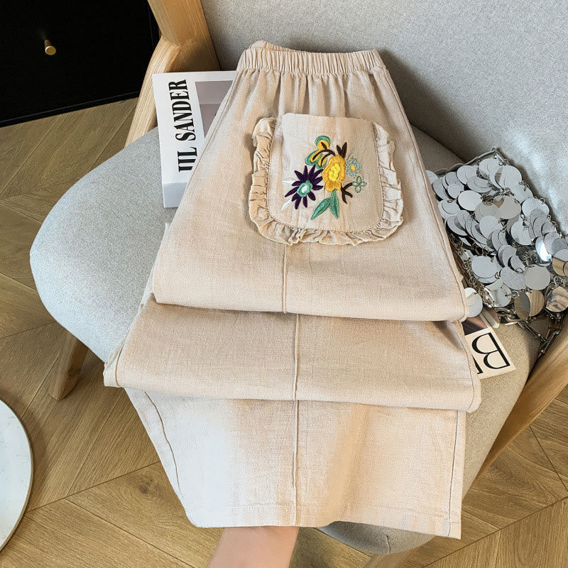 Buddha Stones Pantaloni larghi in cotone e lino con tasche, da donna, con ricamo beige casual - Image 4
