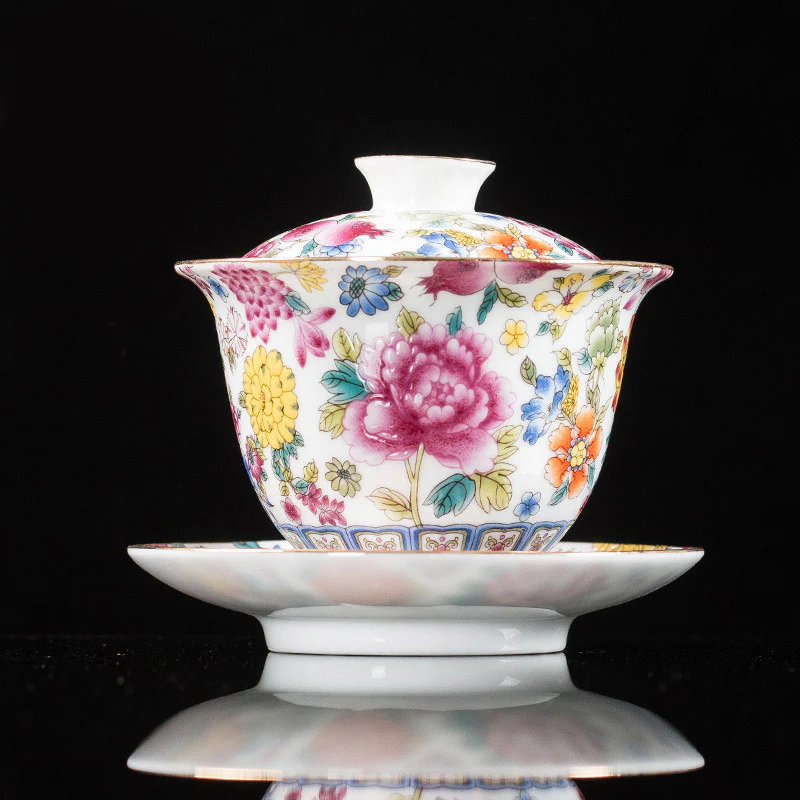 Buddha Stones Peony Flowers Ceramic Gaiwan Sancai Tazza da tè Kung Fu Tazza da tè e piattino con coperchio - Image 15