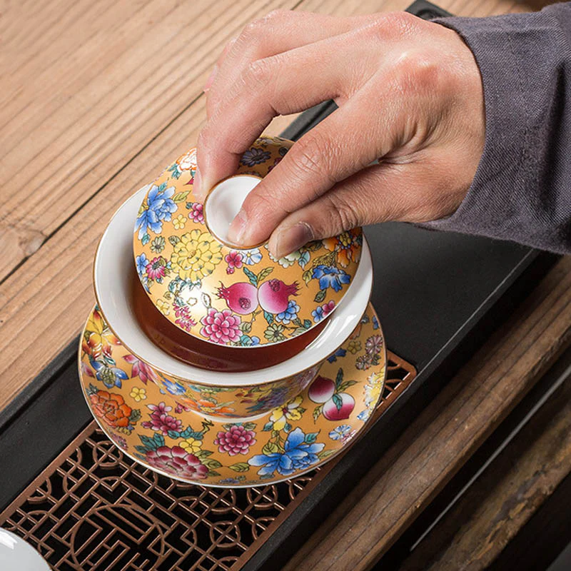 Buddha Stones Peony Flowers Ceramic Gaiwan Sancai Tazza da tè Kung Fu Tazza da tè e piattino con coperchio - Image 8