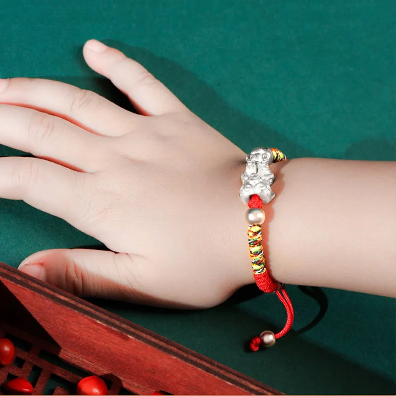 Buddha Stones per bambini in argento sterling 999 PiXiu Wealth King Kong Knot String Braided Kids - Image 12