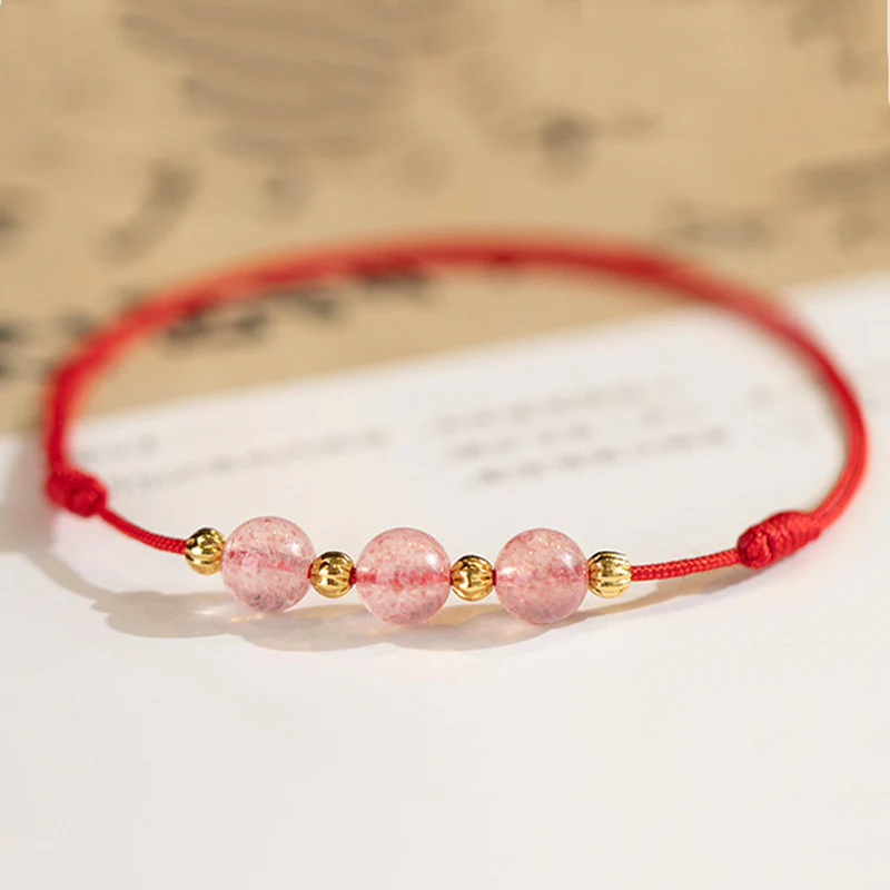 Buddha Stones Perline di cristallo di fragola Cavigliera con corda rossa portafortuna - Image 4