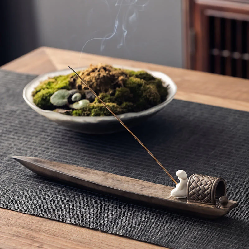 Buddha Stones Pescatore Zen Guarigione Marrone Ceramica Bastoncino Incenso Bruciatore Decorazione - Image 2