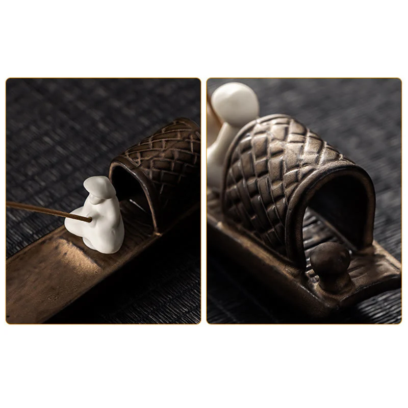 Buddha Stones Pescatore Zen Guarigione Marrone Ceramica Bastoncino Incenso Bruciatore Decorazione - Image 9