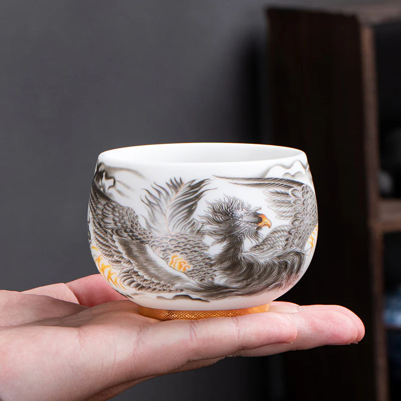 Buddha Stones Phoenix Tazza da tè in porcellana bianca in ceramica Tazza da tè Kung Fu 185 ml con scatola regalo - Image 6