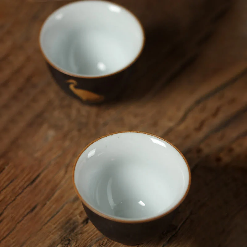 Buddha Stones Piccola tazza da tè in ceramica dipinta a mano con gru dorata, tazza da tè Kung Fu da 40 ml - Image 10