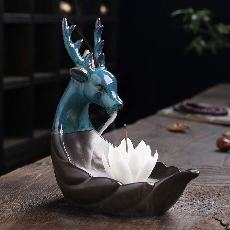 Buddha Stones Piccolo Cervo Ceramica Loto Meditazione Bruciatore Incenso Decorazione - Image 11
