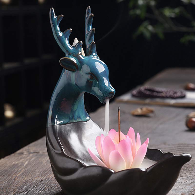 Buddha Stones Piccolo Cervo Ceramica Loto Meditazione Bruciatore Incenso Decorazione - Image 2