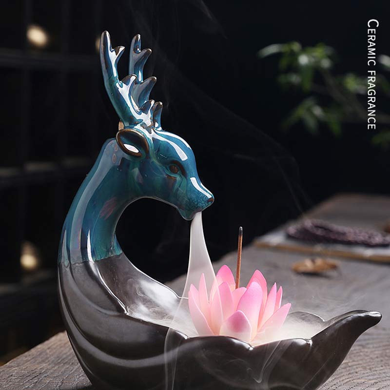 Buddha Stones Piccolo Cervo Ceramica Loto Meditazione Bruciatore Incenso Decorazione - Image 5