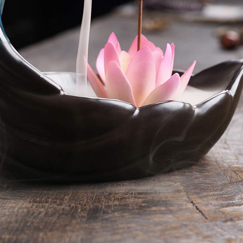 Buddha Stones Piccolo Cervo Ceramica Loto Meditazione Bruciatore Incenso Decorazione - Image 7