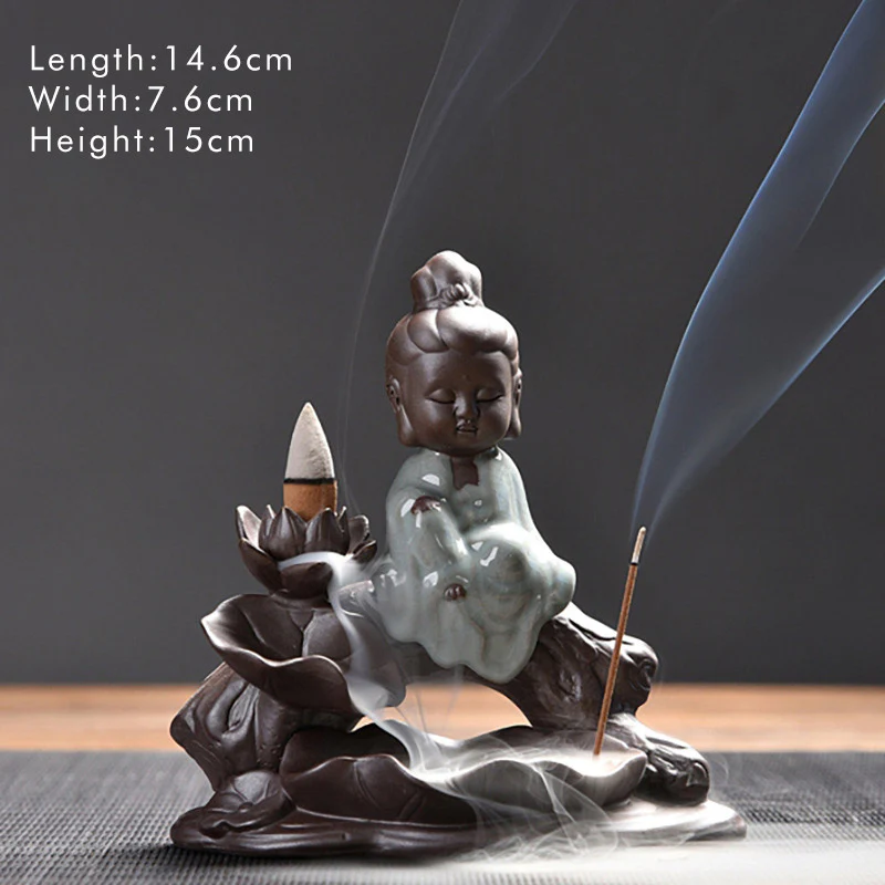 Buddha Stones Piccolo Monaco Ceramica Loto Benedizione Bruciatore Incenso Decorazione - Image 10