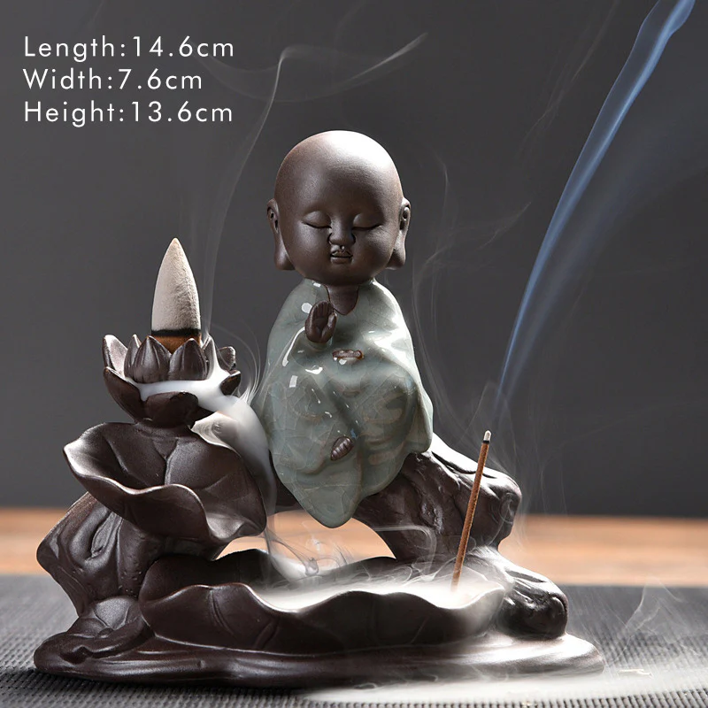 Buddha Stones Piccolo Monaco Ceramica Loto Benedizione Bruciatore Incenso Decorazione - Image 11