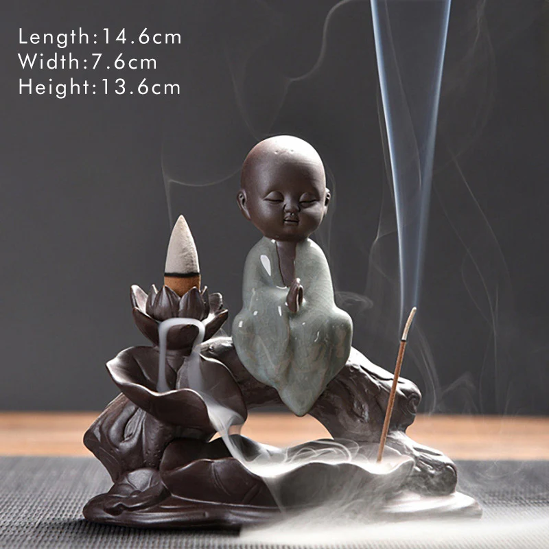 Buddha Stones Piccolo Monaco Ceramica Loto Benedizione Bruciatore Incenso Decorazione - Image 12