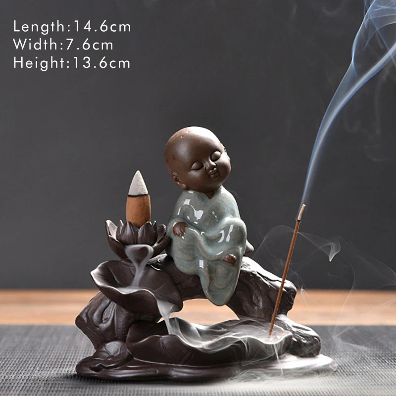 Buddha Stones Piccolo Monaco Ceramica Loto Benedizione Bruciatore Incenso Decorazione - Image 13