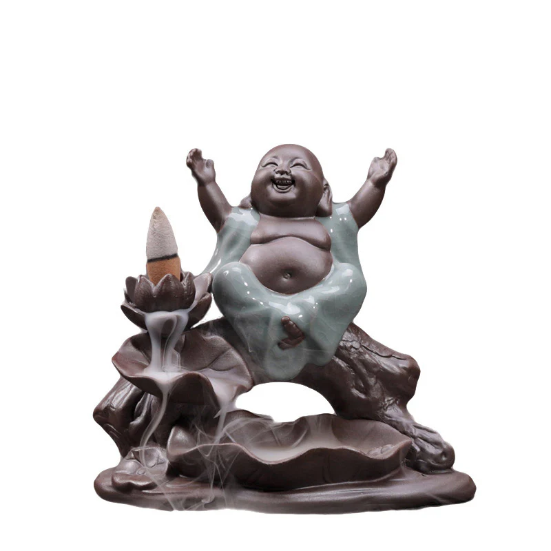 Buddha Stones Piccolo Monaco Ceramica Loto Benedizione Bruciatore Incenso Decorazione - Image 3