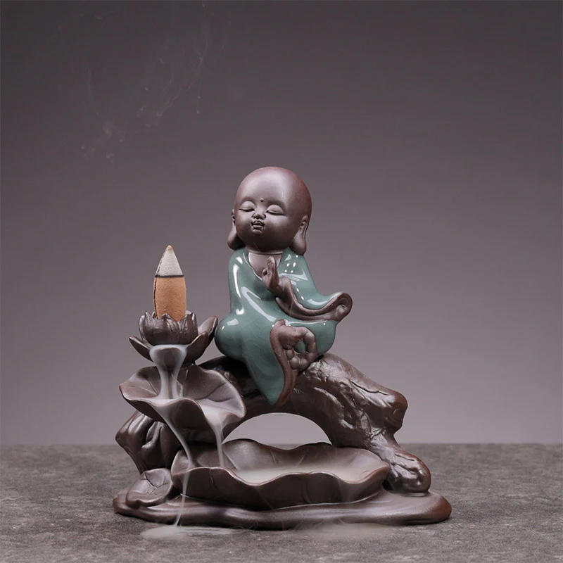 Buddha Stones Piccolo Monaco Ceramica Loto Benedizione Bruciatore Incenso Decorazione - Image 4