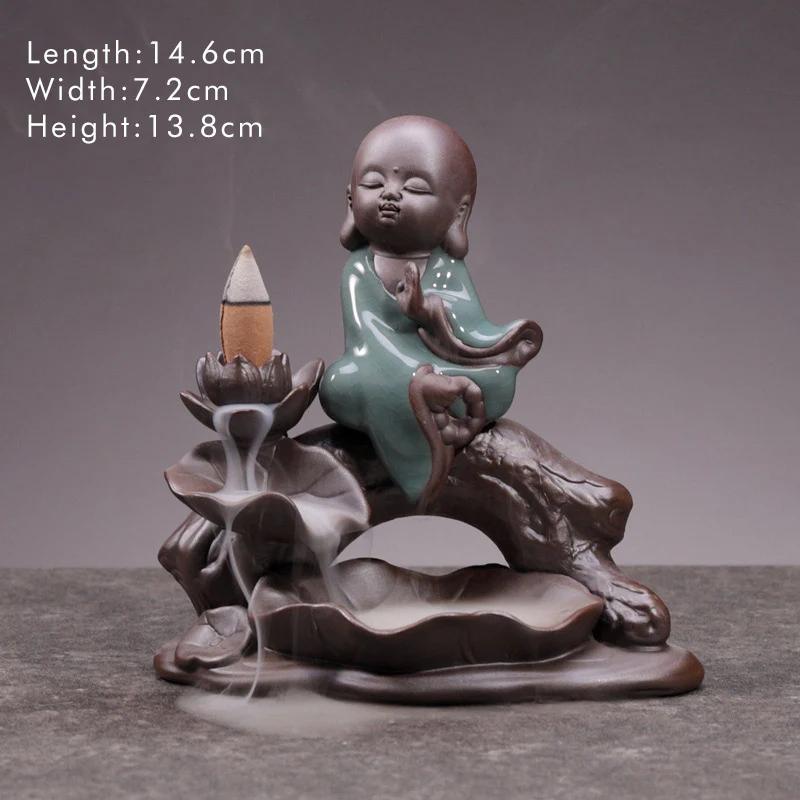 Buddha Stones Piccolo Monaco Ceramica Loto Benedizione Bruciatore Incenso Decorazione - Image 5