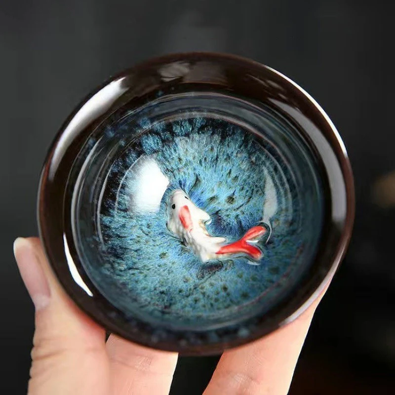 Buddha Stones Piccolo pesce Koi Blu Kiln Change Tazza da tè in ceramica cinese Jianzhan Tazza da tè Kung Fu 75 ml