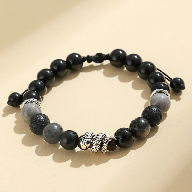 Buddha Stones Onice nero Pietra glitterata nera Agata bianca Turchese bianco Braccialetto di protezione dell'anno del serpente