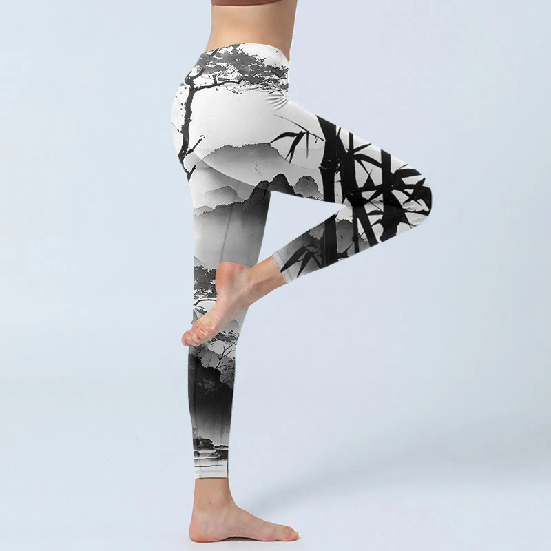 Buddha Stones Pittura a inchiostro Bambù Pino Montagna Paesaggio Stampa Leggings da palestra Pantaloni da yoga da donna - Image 4