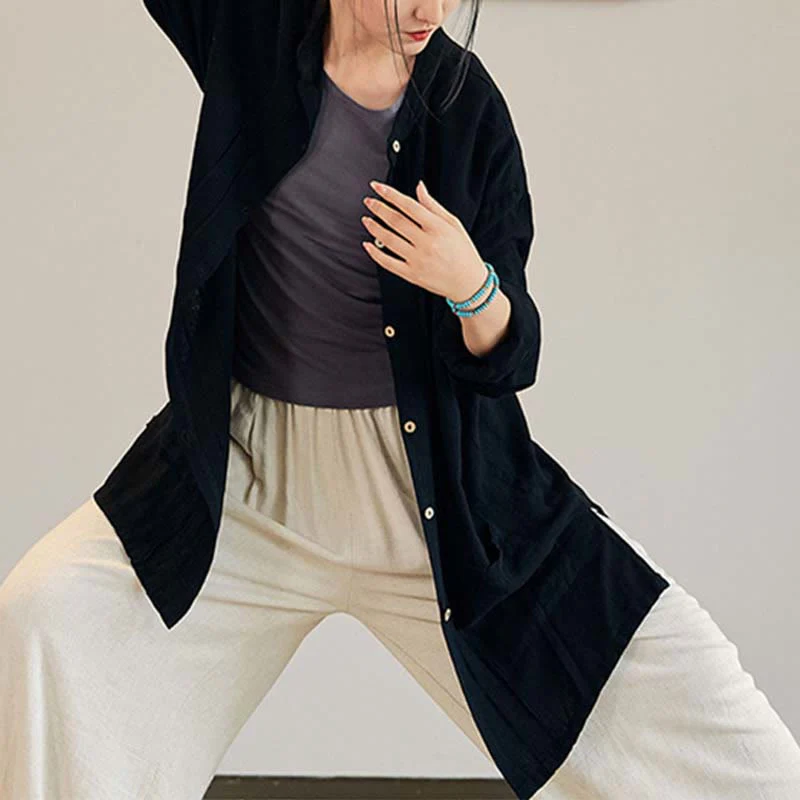 Buddha Stones Plain Long Sleeve Coat Jacket Top Pantaloni a gamba larga Zen Tai Chi Yoga Meditazione Abbigliamento - Image 10