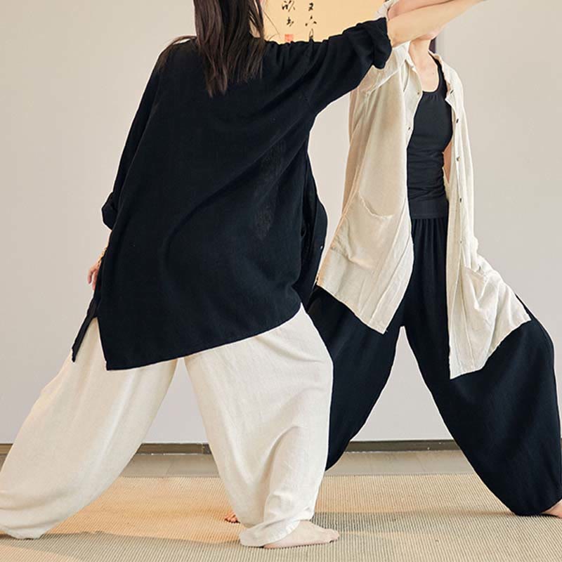 Buddha Stones Plain Long Sleeve Coat Jacket Top Pantaloni a gamba larga Zen Tai Chi Yoga Meditazione Abbigliamento - Image 12