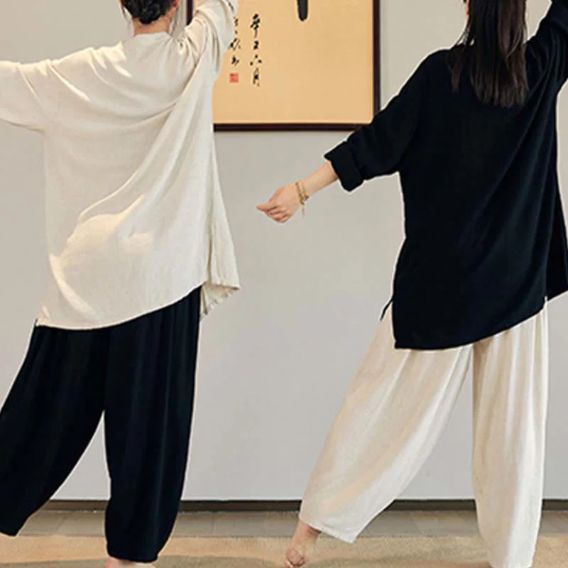 Buddha Stones Plain Long Sleeve Coat Jacket Top Pantaloni a gamba larga Zen Tai Chi Yoga Meditazione Abbigliamento - Image 13