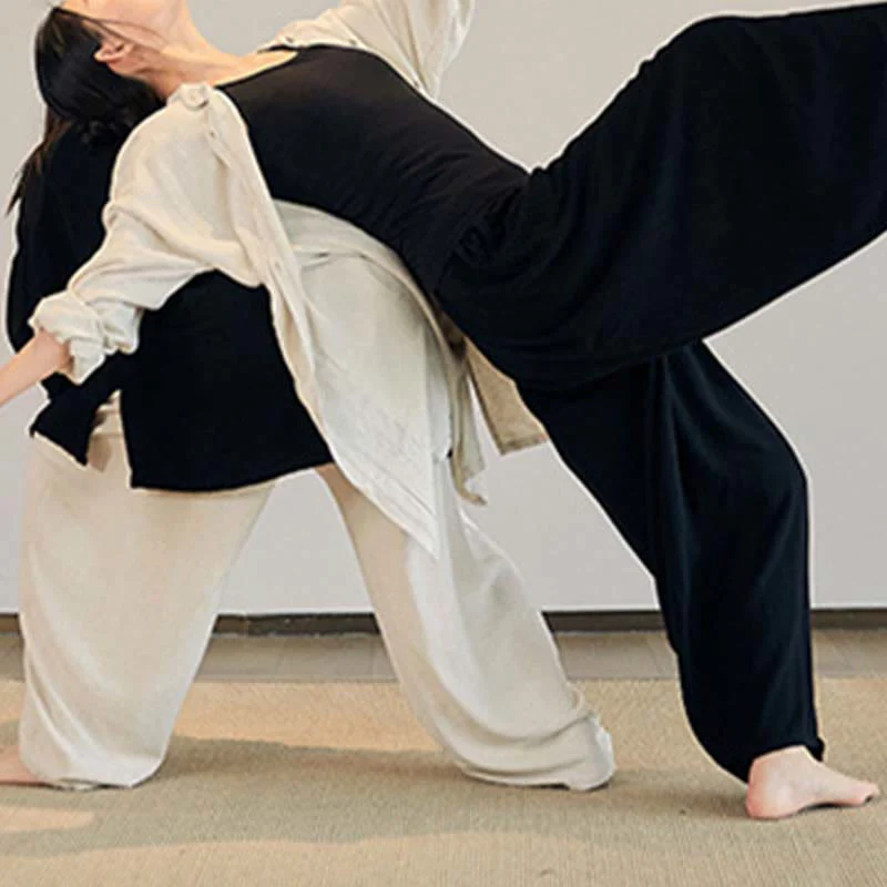 Buddha Stones Plain Long Sleeve Coat Jacket Top Pantaloni a gamba larga Zen Tai Chi Yoga Meditazione Abbigliamento - Image 15