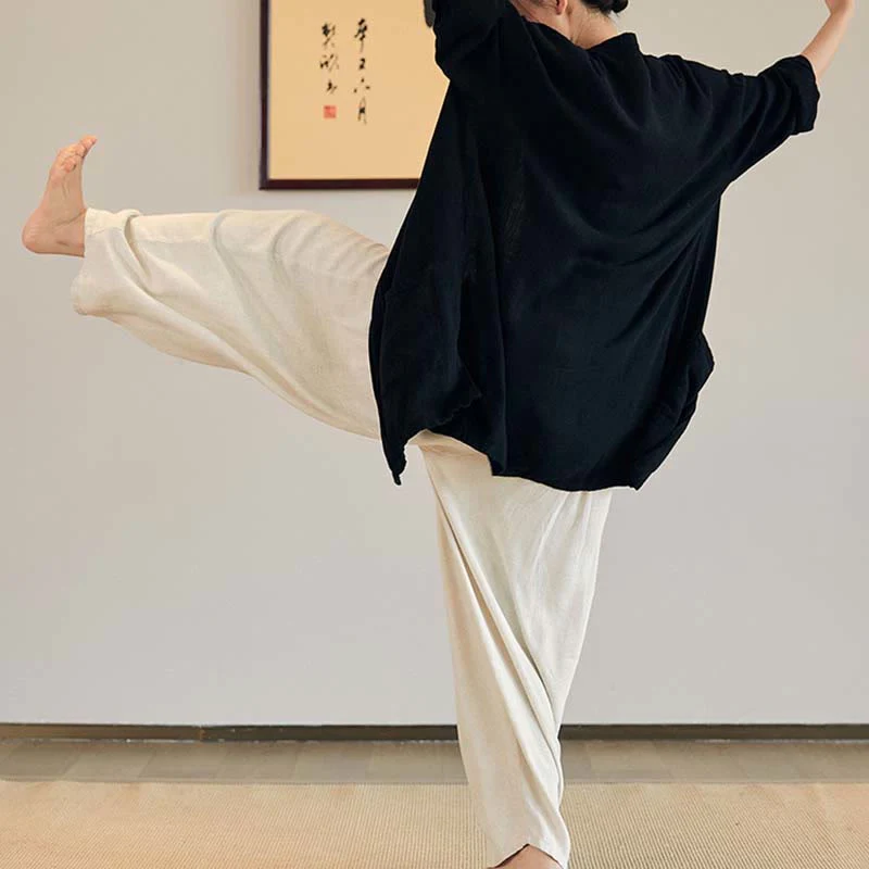 Buddha Stones Plain Long Sleeve Coat Jacket Top Pantaloni a gamba larga Zen Tai Chi Yoga Meditazione Abbigliamento - Image 16
