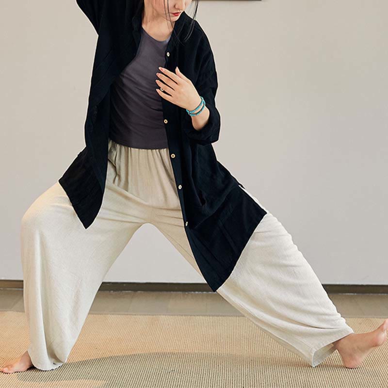 Buddha Stones Plain Long Sleeve Coat Jacket Top Pantaloni a gamba larga Zen Tai Chi Yoga Meditazione Abbigliamento - Image 17