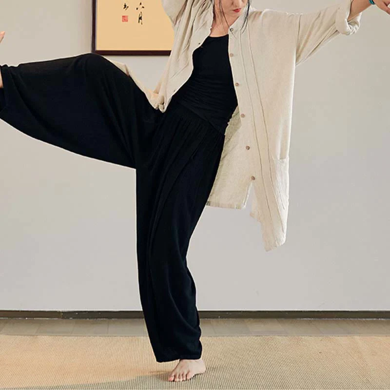 Buddha Stones Plain Long Sleeve Coat Jacket Top Pantaloni a gamba larga Zen Tai Chi Yoga Meditazione Abbigliamento - Image 23