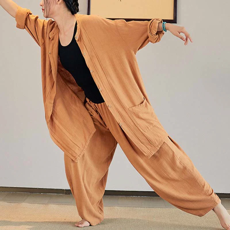 Buddha Stones Plain Long Sleeve Coat Jacket Top Pantaloni a gamba larga Zen Tai Chi Yoga Meditazione Abbigliamento - Image 27
