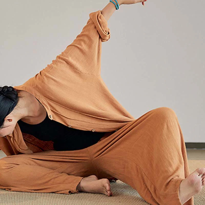 Buddha Stones Plain Long Sleeve Coat Jacket Top Pantaloni a gamba larga Zen Tai Chi Yoga Meditazione Abbigliamento - Image 30